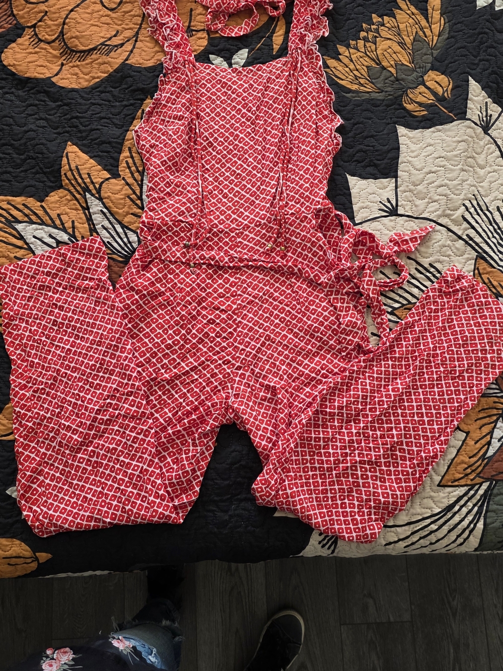 Women's Red Geometric Ruffle-Strap Jumpsuit